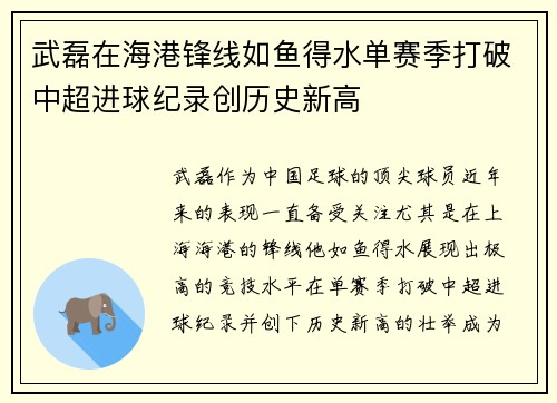 武磊在海港锋线如鱼得水单赛季打破中超进球纪录创历史新高 武磊在海港锋线如鱼得水单赛季打破中超进球纪录创历史新高